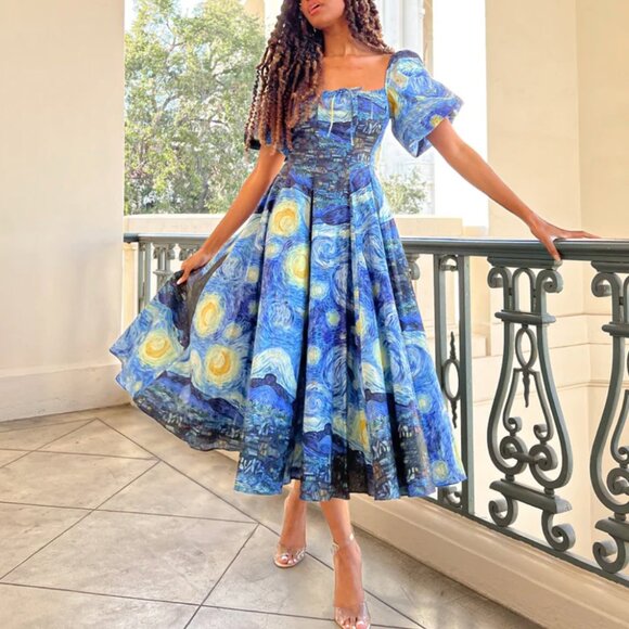 BEST Selkie The Starry Night Day Midi Dress Navy Van Gogh Masterpiece Medium - Picture 4 of 14